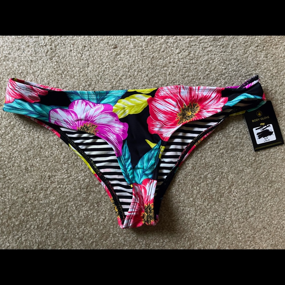NWT Black Body Glove Cheeky Bikini Bottom with Bright Multi-colored Flowers